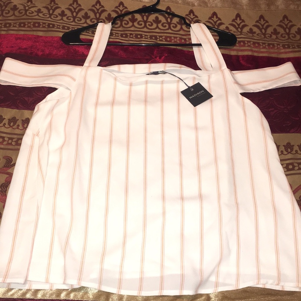 Pink, tan and white blouse